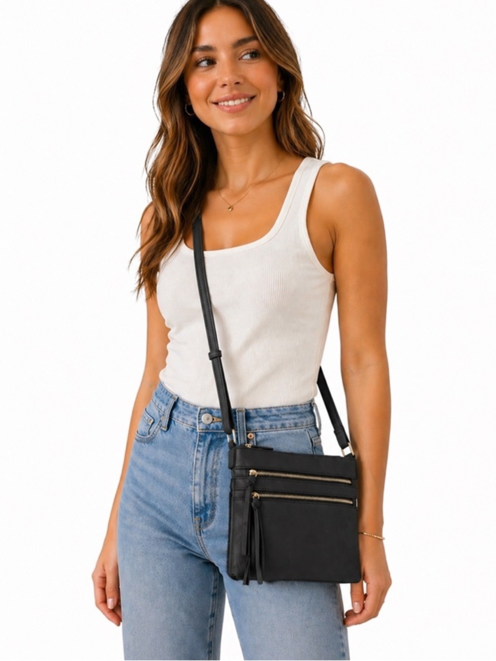 B BRENTANO Vegan Multi-Zipper Crossbody Handbag Purse Black NWT